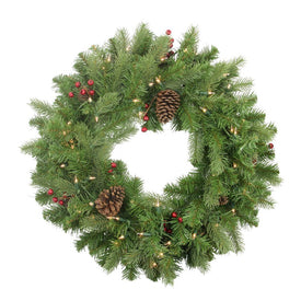 24" Pre-Lit Noble Fir with Red Berries and Pine Cones Artificial Christmas Wreath - Clear Lights