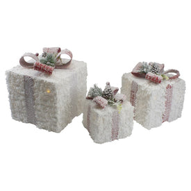 10" LED Frosted Rattan Christmas Gift Boxes with Pine Cones Set of 3