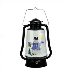 13.5" Black Lighted Musical Snowman Snowing Christmas Tabletop Lantern