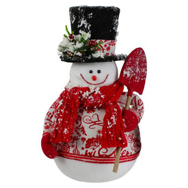 12.5" White and Red Standing Snowman with Shovel Tabletop Christmas Decoration