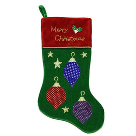 20" Green and Red Embroidered Ornament Christmas Stocking with Cuff