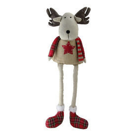 14.75" Red and White Plaid Elk Sitting with Dangling Legs Tabletop Decoration