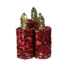 9" Red and Gold Flameless Sequin LED Lighted Christmas Pillar Candle Tabletop Decor