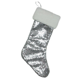 18" Silver Sequins With a White Faux Fur Trim Christmas Stocking