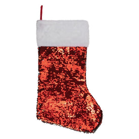 19" Red and Silver Sequin Christmas Stocking With White Faux Fur Cuff