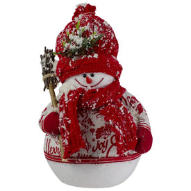12.25" Red and White Standing Snowman Tabletop Christmas Figure with Broom