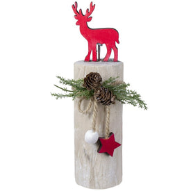 8.5" Red Reindeer On a Wooden Base With Pine Cones Christmas Decoration
