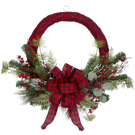 24" Red and Black Buffalo Plaid and Berry Artificial Christmas Wreath - Unlit