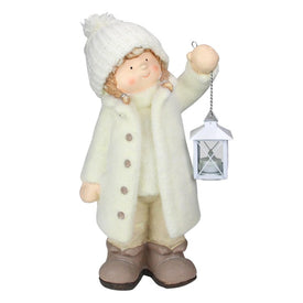 17.25" Winter Girl in White Holding a Tealight Lantern Christmas Tabletop Figurine
