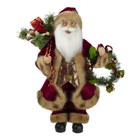 18" Red Santa Claus Holding a Wreath and Gift Bag Christmas Figurine