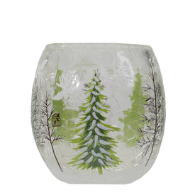 3" Handpainted Christmas Pine Trees Flameless Glass Christmas Candle Holder