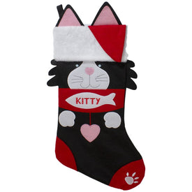 19.5" Black and Red Embroidered Kitty Cat Christmas Stocking