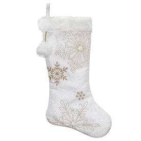 20" White with Gold Snowflakes Christmas Stocking with Cuff