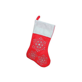 19" Red and White Felt Christmas Stocking with Glitter Snowflakes and Gemstones