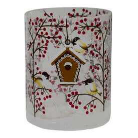 5" Handpainted Sparrows and Berries Flameless Glass Christmas Candle Holder