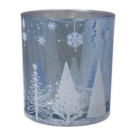 3" Shiny Blue and Silver Forest and Snowflake Flameless Glass Candle Holder