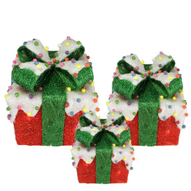 Lighted Snow and Candy Covered Sisal Gift Boxes Christmas Outdoor Decorations Set of 3