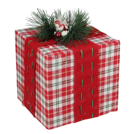 8" Red and Green Plaid Square Gift Box with Pine Bow Tabletop Christmas Accent