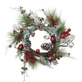 24" Unlit Frosted Bells with Berries and Pine Cones Artificial Christmas Wreath