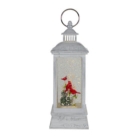 11" White and Brushed Silver Christmas Cardinals Snow Globe Lantern