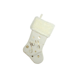 19" Ivory White and Gold "Joy" Christmas Stocking with White Faux Fur Cuff