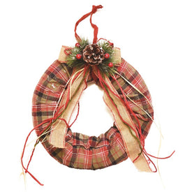 13" Unlit Red and Beige Plaid Christmas Wreath with Burlap Bow