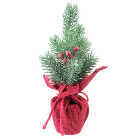 9.5" Unlit Red and Green Frosted Mini Pine Christmas Tree with Berries in Burlap Base