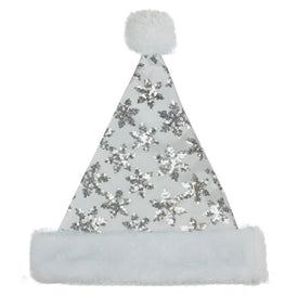 21" Silver and White Sequin Snowflake Christmas Santa Hat Costume Accessory - Medium