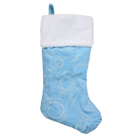 20.5" Light Blue and White Glittered Swirl Christmas Stocking with Faux Fur Cuff