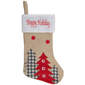 19" Beige and Red Burlap "Happy Holidays" Forest Trees Christmas Stocking