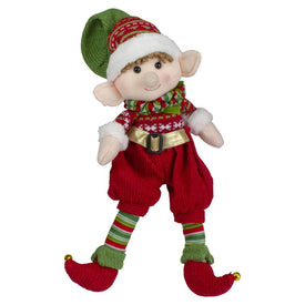 15" Red and Green Plush Jingle Bell Boy Elf Christmas Figure