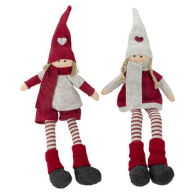 19" Plush Red and Beige Boy and Girl Sitting Christmas Doll Decorations Set of 2