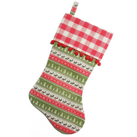 19" Red and Green Rustic Lodge Christmas Stocking