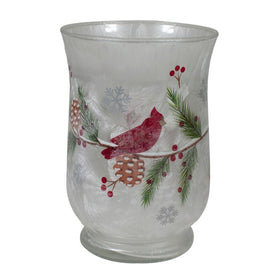 6" Handpainted Christmas Cardinal and Pine Flameless Glass Candle Holder