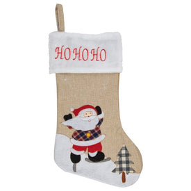 19" Beige and Red Burlap "Ho Ho Ho" Santa Claus Christmas Stocking