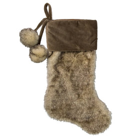 20.5" Brown Christmas Stocking with Corduroy Cuff and Pom-Poms