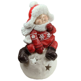 19.25" Red and White Boy on a Snowball Christmas Tealight Candle Holder