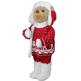 20" White and Red Winter Boy Bear in Deer Sweater Christmas Decoration