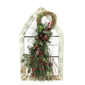 29.5" White Window Frame with Mixed Pine and Berry Swag Christmas Wall Decoration