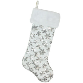 19" White and Silver Sequin Snowflake Christmas Stocking