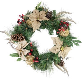 24" Unlit Mixed Pine Berry and Burlap Poinsettia Artificial Christmas Wreath