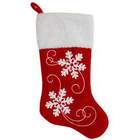 20.5" Red and White Velvet with White Snowflake Christmas Stocking