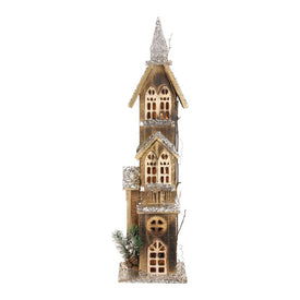 24.5" LED Lighted Three-Tier Brown Wooden Church Christmas Decoration