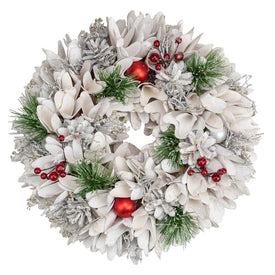 14" White Wooden Flower and Pine Cone Christmas Wreath