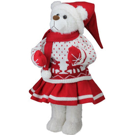20" White and Red Winter Girl Santa Bear in Deer Sweater Christmas Figure Decoration