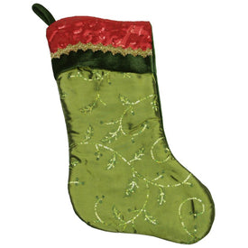 20" Red and Green Leaf with Wavy Sequined Cuff Christmas Stocking