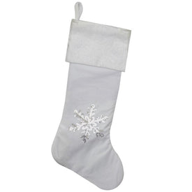 20" Silver and White Snowflake Christmas Stocking with Silver Cuff