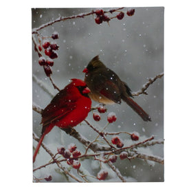 15.75" x 11.75" Lighted Red Cardinals and Berries Christmas Canvas Wall Art