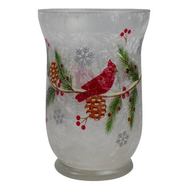 4" Handpainted Christmas Cardinal and Pine Flameless Glass Candle Holder