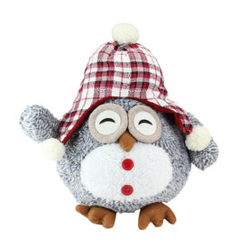 12" Gray Owl with Plaid Beanie Cap Plush Tabletop Christmas Figure